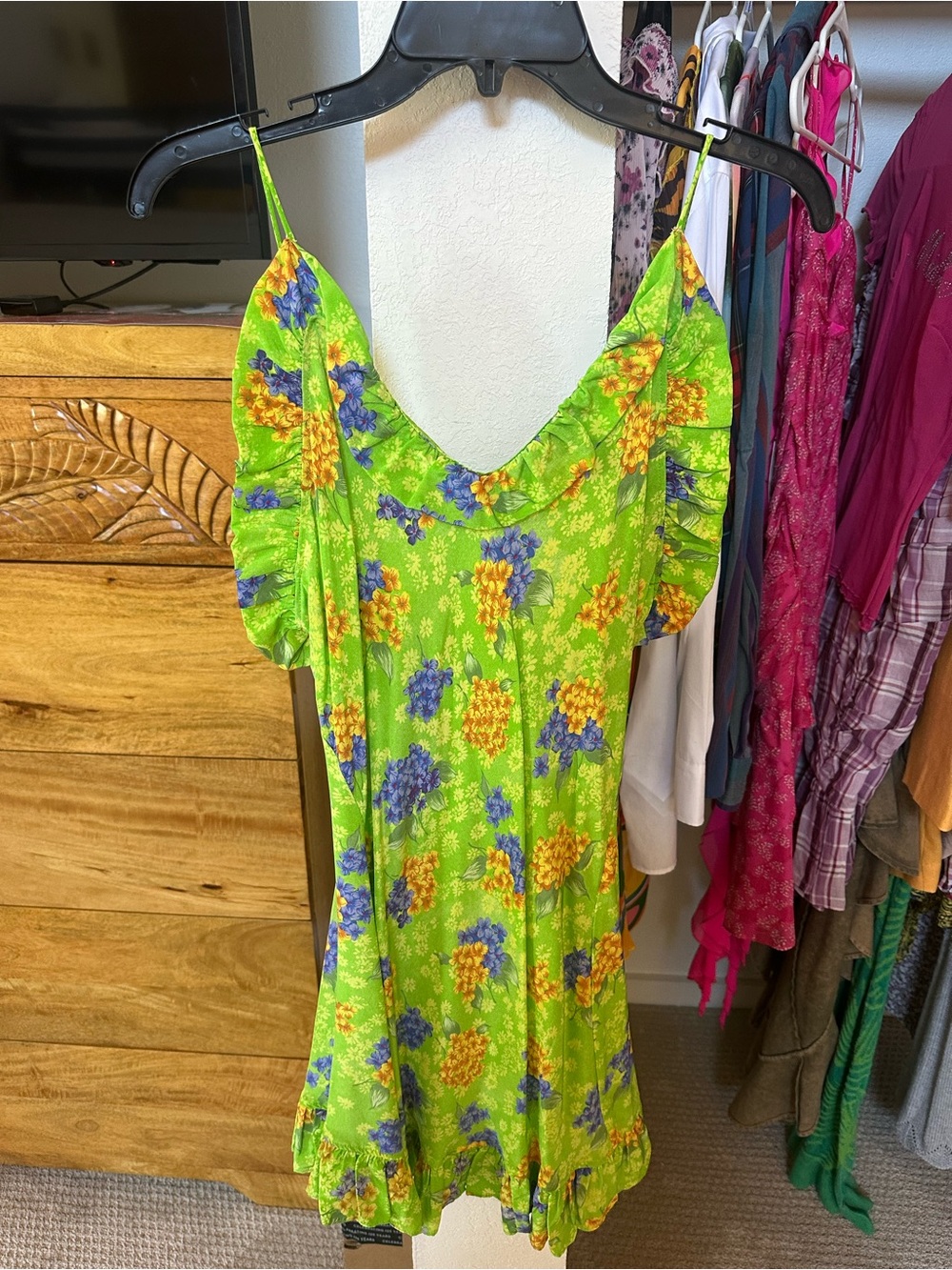 Lime Green Floral Spaghetti-Strap Mini Dress